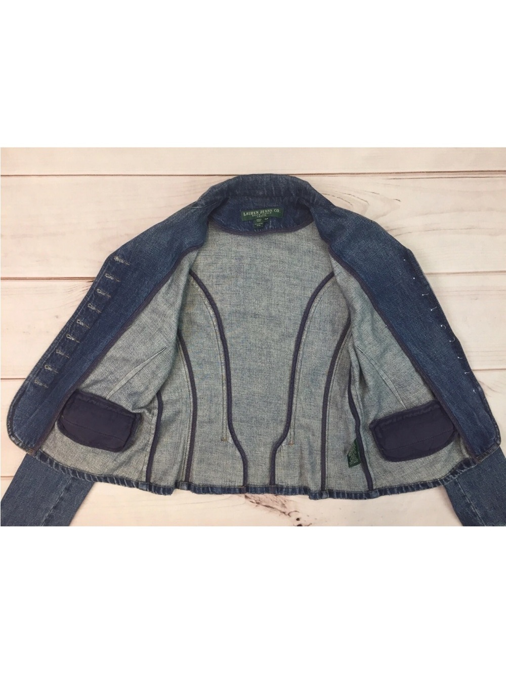 Ralph Lauren Jeans Women's Petite P Blue Denim Button Up Cropped Military Jacket - Picture 5 of 6